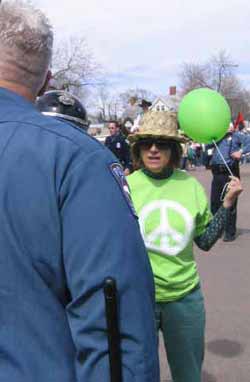 Mary Sprunger-Froese brings balloon to bear against the St Patricks Day batons